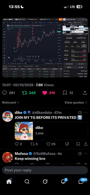 A screenshot from X (formerly Twitter) shows a post with 7.8K views featuring a crypto trading chart for 'btcusdt.p', with replies including 'JOIN MY TG BEFORE ITS PRIVATED' from user @dikerdale and 'Keep winning bro' from @SolMufasa.