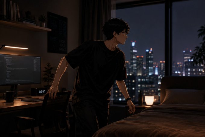 An anime-style illustration of a young man with glasses in a dark t-shirt standing in a dimly lit bedroom at night, gazing out a window at a glowing city skyline, with a computer monitor showing code on a desk.