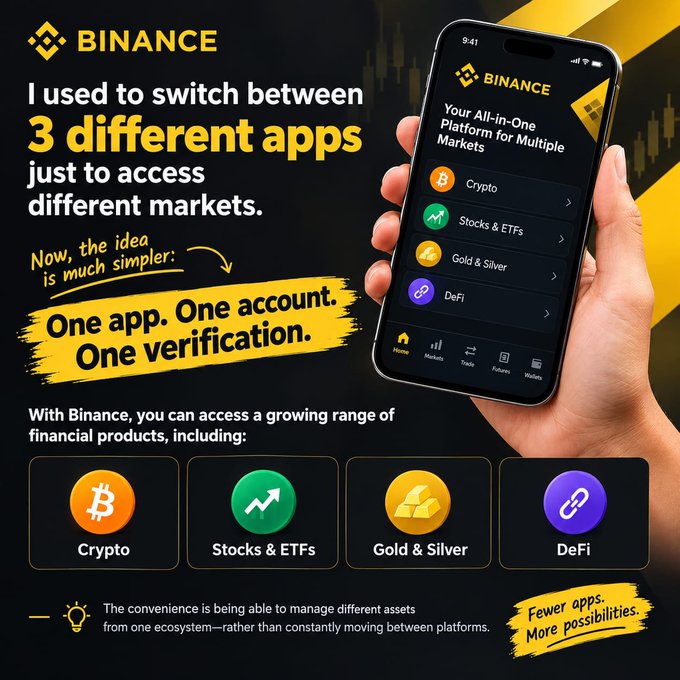 This Binance advertisement features a hand holding a smartphone displaying the app's interface with options for Crypto, Stocks & ETFs, Gold & Silver, and DeFi, promoting the message "One app. One account. One verification." The ad's tagline "Fewer apps. More possibilities" reinforces the post's theme of consolidating multiple financial platforms into a single Binance ecosystem.