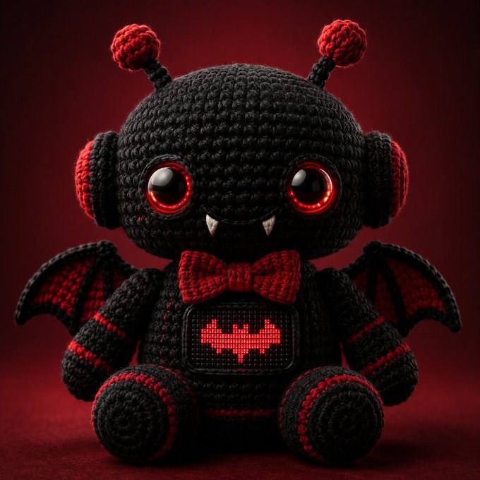 A 3D-rendered crocheted black and red bat-like plush toy with antennae, glowing red eyes, fangs, a red bow tie, and a bat symbol on its chest.
