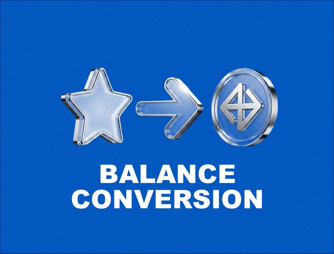 A glossy blue graphic features a silver star icon pointing to a silver cryptocurrency coin, with the bold text "BALANCE CONVERSION" displayed below. The visual reinforces the post's announcement, symbolizing the conversion of accumulated mining/star points into tradeable crypto assets within the SyntaxVerse app.