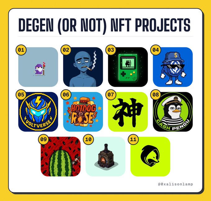 A graphic titled 'DEGEN (OR NOT) NFT PROJECTS' displaying 11 numbered NFT collection icons including Voltverse, Hotdog Rose, a Japanese character, Cash Pengu, a watermelon, and others, credited to @xalisonlamp.