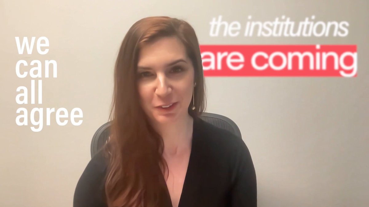 A woman with long reddish-brown hair speaks directly to the camera in what appears to be a video podcast setting, with on-screen text reading "we can all agree" on the left and "the institutions are coming" on the right. The image likely serves as a thumbnail or clip from the Layer One Podcast episode referenced in the post, with the highlighted text emphasizing a key talking point about institutional involvement (likely in crypto).