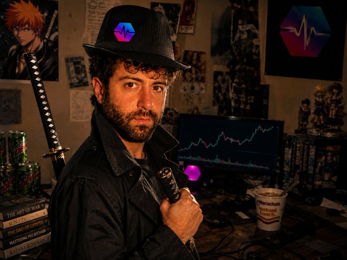 A man with curly hair and a beard wearing a black fedora with a hexagonal logo, holding a katana, with a trading chart displayed on a monitor behind him.