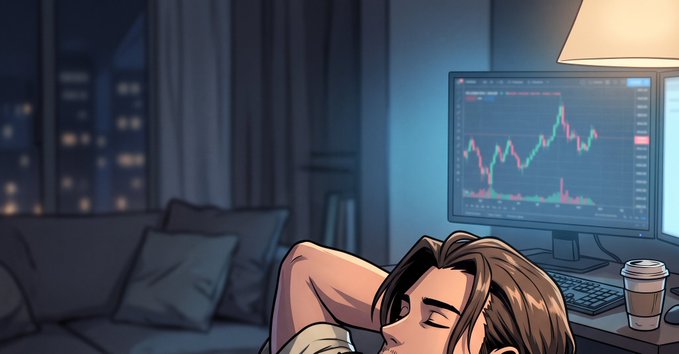 An anime-style illustration depicting a woman resting her head on a desk in front of a computer monitor displaying a stock chart with red and green candlesticks, set in a dark room with a window showing city lights.