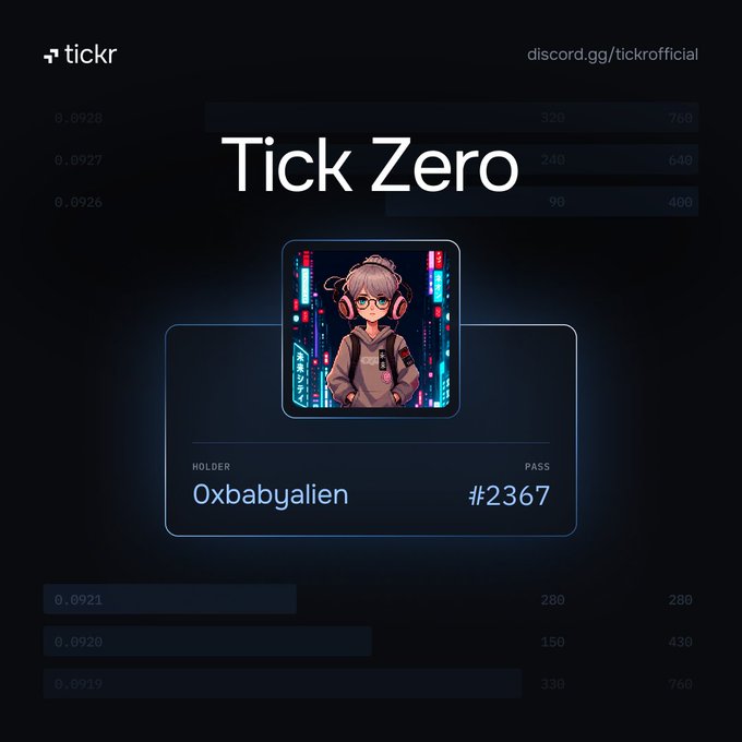 A digital 'Tick Zero' NFT-style pass card from tickr (discord.gg/tickrofficial) featuring an anime character with headphones, held by 'Oxbabyalien' with pass number '#2367'.
