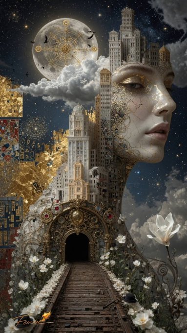 A surreal digital artwork features a woman's profile merged with an ornate architectural cityscape under a starry night sky with a full moon and golden celestial symbols, with a walkway leading through an arched gate surrounded by white flowers.