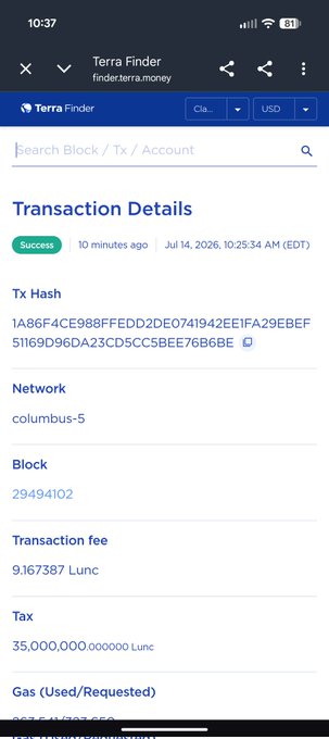 Mobile screenshot of a successful Terra Finder transaction on the columbus-5 network, showing block 29494102 and a 9.16 Lunc fee.