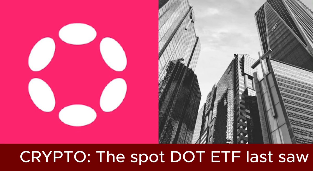 The image shows two different cityscapes with tall buildings, one black and white and the other pink and white. The black and white building represents the spot $DOT ETF, while the pink and white building symbolizes Crypt. The caption below the images reads "Crypt: The spot $DOT ETF Etf last saw @polkadot ETF in the US has seen only 3 days of net inflows since launching in early March".