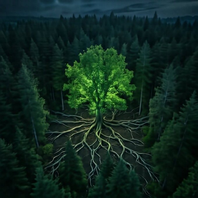 An aerial view of a glowing, bright green tree at night in the middle of a dark pine forest, with its extensive root system visible spreading across the ground.