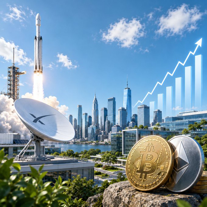 A composite image showing a SpaceX rocket launch, a satellite dish, the NYC skyline, an upward chart, and Bitcoin and Ethereum coins.