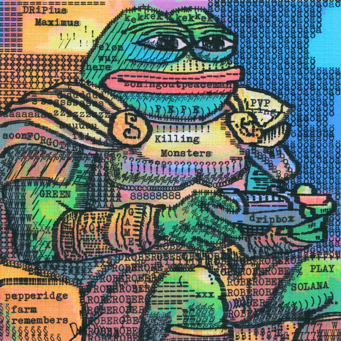 A colorful, glitch-art style NFT depicts Pepe the Frog holding a gun, covered in meme references like 'PEPE', 'Killing Monsters', 'DRiPius Maximus', and 'Solana'.