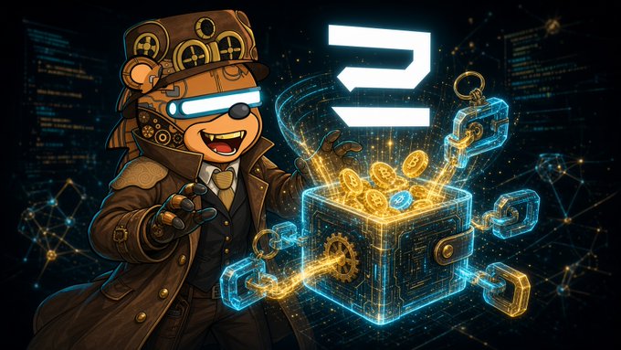 A cartoon bear-like character in steampunk attire and glowing goggles gestures toward a blue-lit treasure chest filled with gold coins and a large stylized logo.