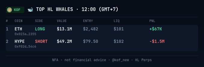 Crypto whale tracker titled 'TOP HL WHALES · 12:00 (GMT+7)' showing an ETH LONG position with +$67K PNL and a HYPE SHORT position with -$1.5M PNL.