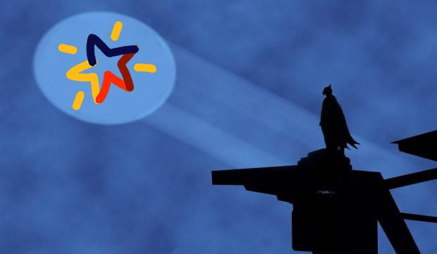 A silhouetted figure in a cape stands atop a structure against a cloudy blue sky, with a drawn red and blue star with yellow sparkles in the upper left.