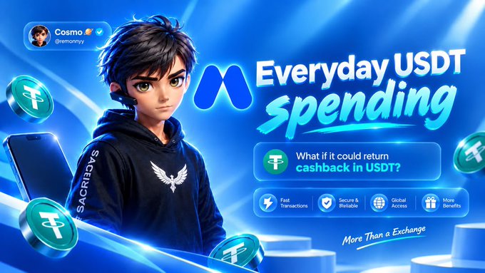 An advertisement featuring a 3D animated character named Cosmo (@tremorryy) promoting 'Everyday USDT spending' with the tagline 'What if it could return cashback in USDT?'.