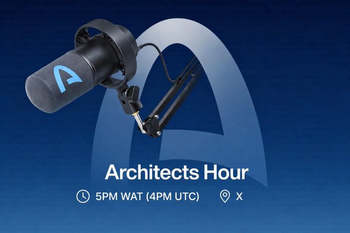 The image features a microphone with an arrow pointing towards it, which is part of a promotional poster for the Architects Hour podcast. The poster displays the title "Architects Hour" along with the time and location details. It also mentions that the podcast will be held at 5pm (Eastern Standard Time) and 44 minutes (UCT).