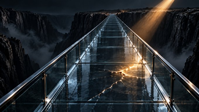 A dramatic, dark fantasy-style image of a glass bridge spanning a deep canyon, illuminated by a single beam of golden light breaking through the cloudy sky.