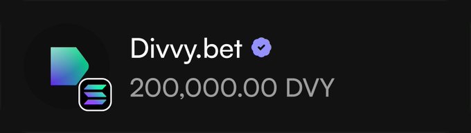 A profile entry for "Divvy.bet" showing a verified checkmark and a balance of "200,000.00 DVY".