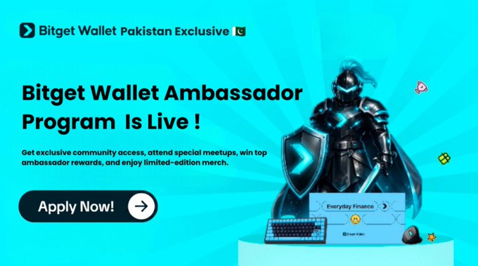 A promotional banner for the Bitget Wallet Pakistan Exclusive Ambassador Program, featuring a knight mascot with a shield alongside a laptop displaying "Everyday Finance," with an "Apply Now!" call-to-action button inviting users to join the program for exclusive community access, meetups, rewards, and limited-edition merch.