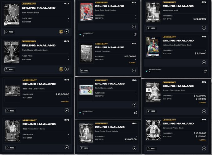 Grid of 12 digital trading card listings for 'LEGENDARY ERLING HAALAND' featuring various black-themed card designs (Base Mosaic, Optic Blaster, Prizm, etc.) with floor prices ranging from $1,750 to $30,000.