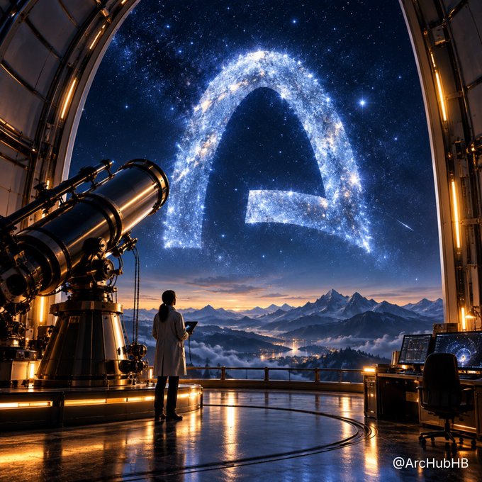 An astronomer in a lab coat stands before a massive telescope, gazing at a stunning night sky where a celestial formation resembling a triangular 'A' logo glows among the stars, with the watermark '@ArcHubHB' visible.