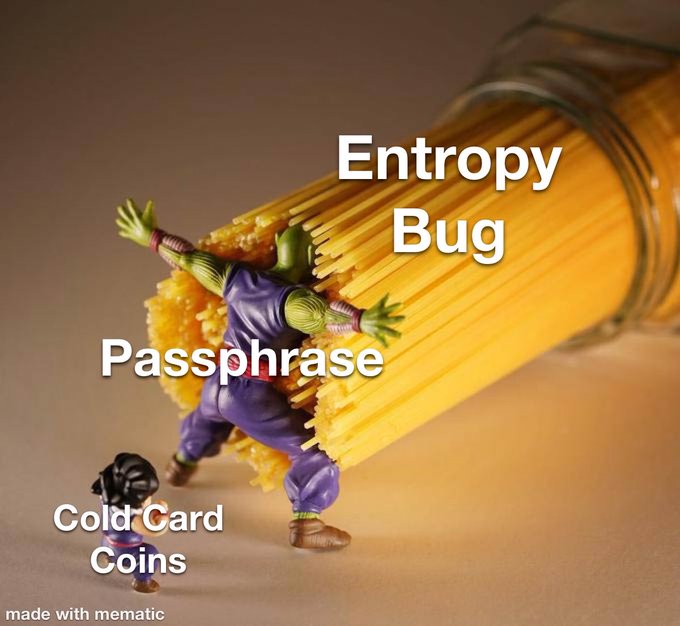 A Dragon Ball action figure deflects a powerful beam of spaghetti, labeled with "Entropy Bug," "Passphrase," and "Cold Card Coins," illustrating how a strong passphrase can shield even modest 12-word seed phrases from entropy-based attacks. The meme reinforces the post's message that a robust passphrase can protect bitcoin holdings despite weaker seed backups.