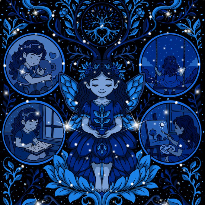 A stylized blue illustration featuring a central fairy-like girl surrounded by circular vignettes depicting scenes of her with a teddy bear, reading, painting, and sitting on a swing.