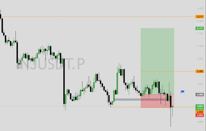 A candlestick chart of MNJUSDT.P shows a long position setup near 4.955 with a stop-loss around 4.863, currently underwater as price has plunged sharply to roughly 4.855 with a long lower wick visible at the bottom of the chart.