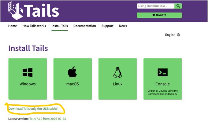 The image shows the Tails website's "Install Tails" page, featuring four green installation option buttons for Windows, macOS, Linux, and Console, with the "Download Tails only (for USB sticks)" link highlighted in yellow. The latest version listed is Tails 7.10 from 2026-07-23, and the page relates to the "Bitcoin roots" theme by providing a secure, privacy-focused operating system often associated with cryptocurrency users who value anonymity.