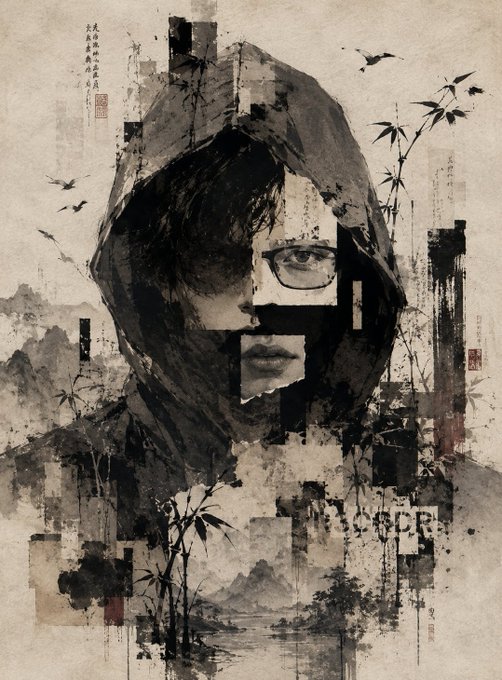 An ink-wash style portrait of a person wearing a hood and glasses, overlaid with bamboo, mountain landscapes, and faint text, including 'MSCBCR'.