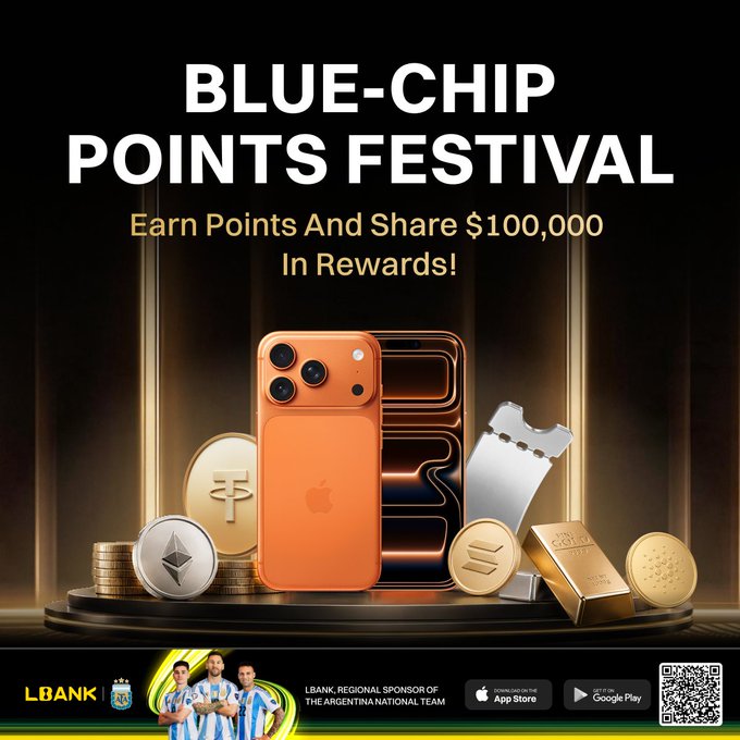 A promotional graphic for LBank's "BLUE-CHIP POINTS FESTIVAL" inviting users to "Earn Points And Share $100,000 In Rewards," featuring an orange iPhone, gold coins, and cryptocurrency bars displayed on a pedestal, alongside the LBank logo and a Manchester City sponsorship banner.