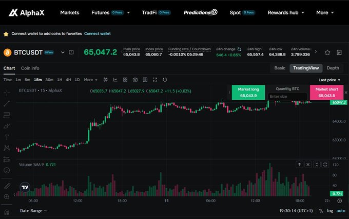 Screenshot of the AlphaX cryptocurrency trading platform showing a BTCUSDT 15-minute candlestick chart with the price at 65,047.2 and market long/short order entry boxes on the right.
