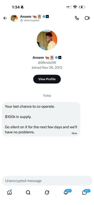 A screenshot of an encrypted X (Twitter) DM from @blknoiz06 (Ansem) offering $100k to stay silent, paired with a defiant post refusing the deal and warning $ANSEM holders of a potential -99% crash.