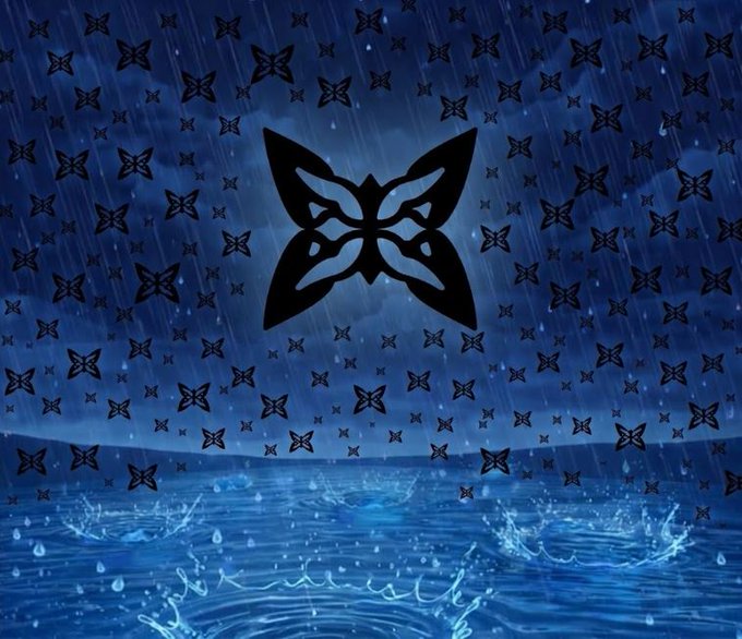 A large central black butterfly-shaped logo with smaller matching butterflies scattered across a rainy blue sky and rippling water background.