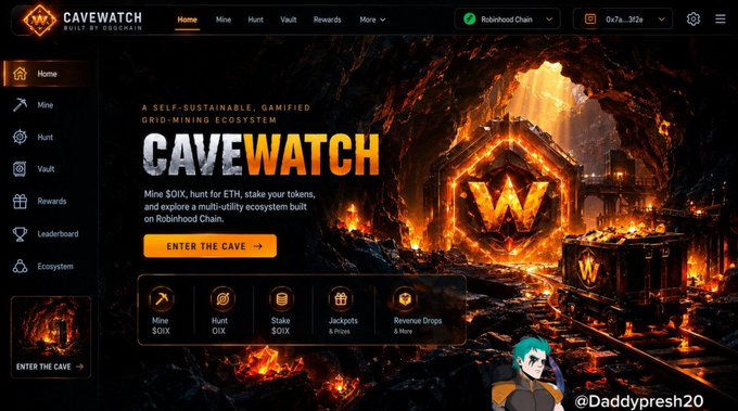 A website screenshot for 'CAVEWATCH - WATCH BY ROBINHOOD' describing 'A SELF-SUSTAINABLE, GAMIFIED GRID-MINING ECOSYSTEM' with options to mine $OIX, hunt, stake, win jackpots, and receive revenue drops, featuring a fiery cave mining theme.