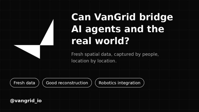 A dark promotional graphic asking 'Can VanGrid bridge AI agents and the real world?' with the tagline 'Fresh spatial data, captured by people, location by location,' featuring buttons for 'Fresh data,' 'Good reconstruction,' and 'Robotics integration,' with the handle '@vangrid_io'.