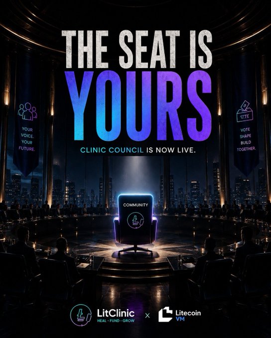 The image features a poster for a new initiative called "The Seat Is Yours" by the Clinic Council, which aims to involve the community in decision-making processes at the clinic. The poster includes a large chair with people sitting on it, symbolizing the idea of collective participation and input from various stakeholders. The text on the poster encourages viewers to vote for important decisions that will shape the future of the LitClinic, emphasizing the importance of their involvement in the process.