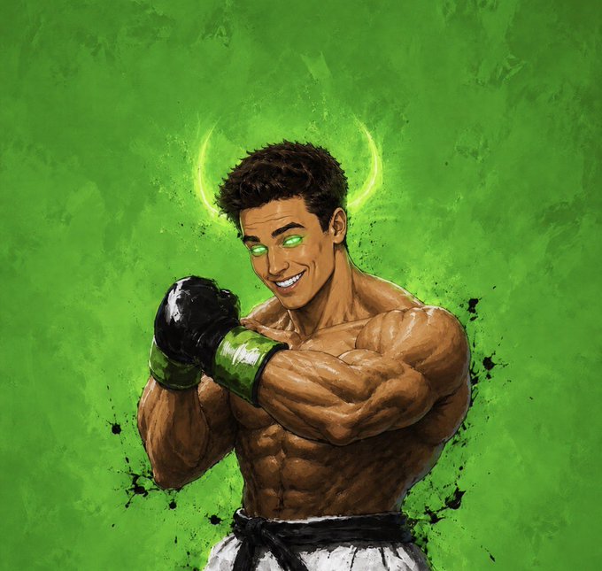 The image depicts a muscular fighter with glowing green eyes and a green energy halo, wearing boxing gloves and posing confidently against a green splattered background. The image likely represents $ANSEM as a powerful, standout crypto launch, with the fighter's intense green aura symbolizing the coin's strength and hype in the Solana ecosystem.