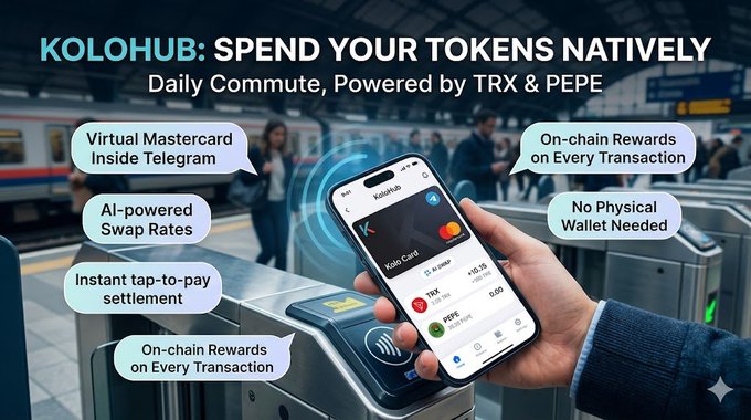 The image shows a person holding a cell phone displaying a payment app, likely for a transportation hub like a train station or subway platform. The text on the screen reads "KoloHub: Spend Your Tokens Naturally", indicating that the person is using an app powered by the KoloHub virtual mastercard to make payments.