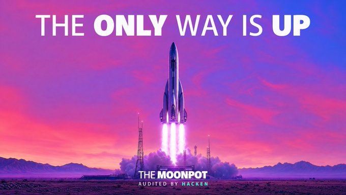 A stylized rocket launches into a vibrant pink and purple sky, with bold text reading "THE ONLY WAY IS UP" and "THE MOONPOT - AUDITED BY HACKEN" — reinforcing the post's message of irreversible upward momentum.