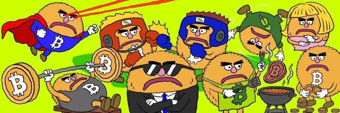 A lineup of cartoon round-brown characters styled like Bitcoin logos, with "₿" and "$B" symbols visible on their bodies, portrayed as various archetypes (a superhero with a red cape, a boxer, a wrestler, a chef grilling, a suited figure with sunglasses, and others) — visually embodying the post's message of $BITTY giving Bitcoin a relatable mascot face and cultural identity across diverse personalities.