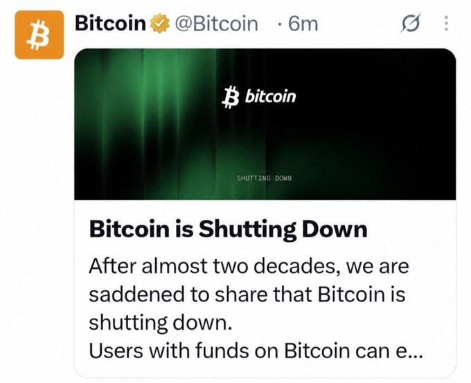 A screenshot of a tweet from the verified @Bitcoin account claiming "Bitcoin is Shutting Down" with text stating users can retrieve funds, from 6 minutes ago.