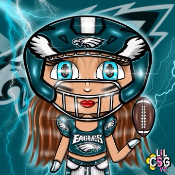 A cartoon Philadelphia Eagles fan girl in a helmet holds a football against a lightning-filled background. The jersey reads “EAGLES,” and a “Lil CSG v2” watermark appears at bottom right.