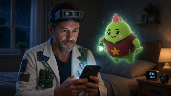 A bearded man wearing an AR headset and a circuit-patterned lab coat stares intently at his phone in a dimly lit bedroom, while a glowing green mascot with a lantern hovers beside him. A digital clock on the nightstand reads "13:84 / 18:24," and the surreal scene mirrors the post's idea that raw recovery numbers aren't enough—it's the intelligent guidance and lifestyle advice that actually helps you act on the data.