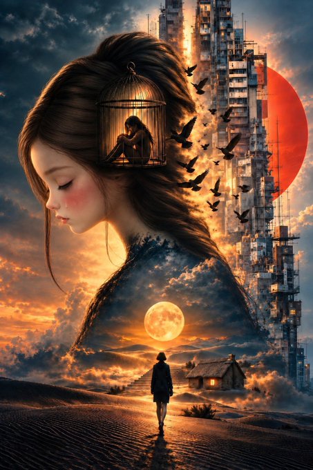 A surreal digital artwork depicting a woman in profile with a birdcage containing a seated figure in her hair, set above a desert scene with a tiny figure walking toward a house under a full moon, with a red sun and towering apartment buildings.