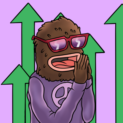 A cartoon character with pink skin and a purple sweater making an excited face with hands on cheeks, surrounded by upward-pointing green arrows on a pink background.