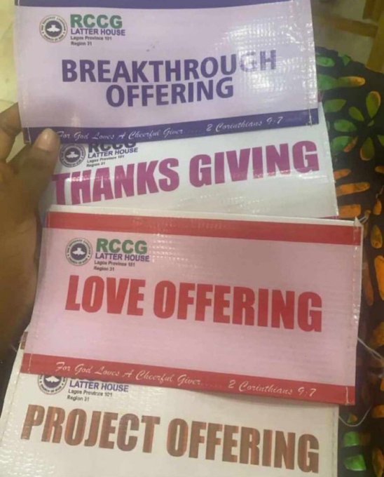 A person holds up a stack of offering envelopes from RCCG Latter House (Region 21) labeled "Breakthrough Offering," "Thanks Giving," "Love Offering," and "Project Offering," each featuring the Bible verse "2 Corinthians 9:7." The image humorously illustrates the context of the post, as the variety of donation categories suggests why a pastor might want to speak with the parishioner after the service.