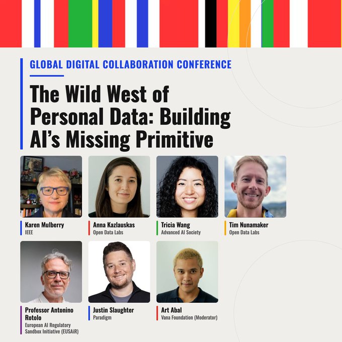 The image promotes a Global Digital Collaboration Conference panel titled "The Wild West of Personal Data: Building AI's Missing Primitive," featuring speakers Karen Mulberry (IEEE), Anna Kazlauskas (Open Data Labs), Tricia Wang (Advanced AI Society), Tim Nunamaker (Open Data Labs), Professor Antonino Rotolo (EU AI Regulatory Sandbox Initiative), Justin Slaughter (Paradigm), and moderator Art Abal (Vana Foundation)—aligning with the post's message about Vana presenting its protocol in Geneva as a universal standard for data portability in the Web3 space.