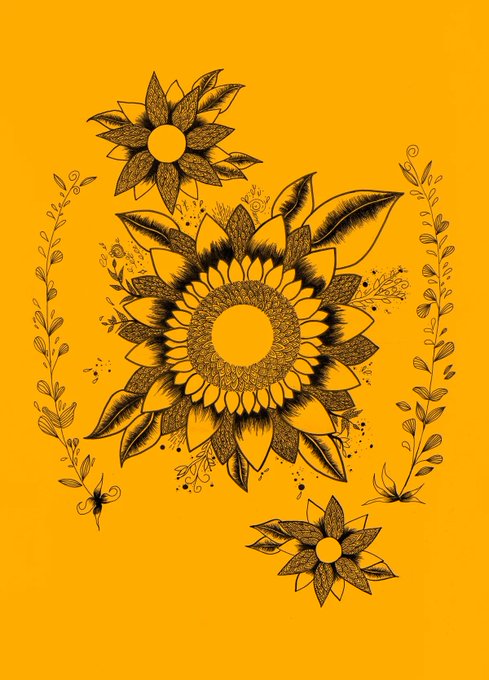A vibrant yellow background features intricate black ink illustrations of sunflowers, leaves, and delicate botanical vines, with one large central sunflower flanked by two smaller blooms. The artwork, shared for National Suicide Prevention Month by artist @Dornartz, uses the sunflower's symbolism of resilience, hope, and finding light in darkness to complement the accompanying poem about mental health awareness.